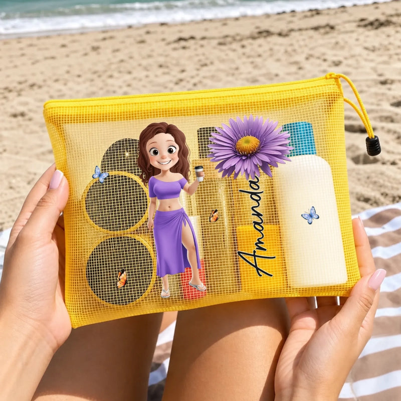 Custom Sandproof Mesh Beach Pouch - Personalized Summer Vacation And Travel Gifts For Women, Besties, Sisters, BFF - Salt Air Happy Soul