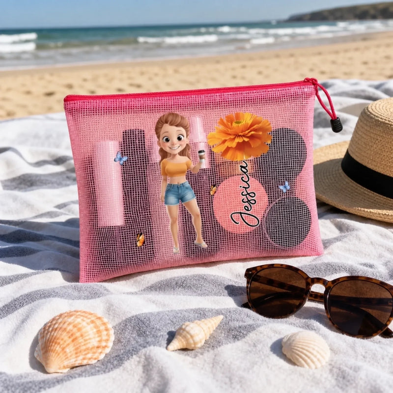Custom Sandproof Mesh Beach Pouch - Personalized Summer Vacation And Travel Gifts For Women, Besties, Sisters, BFF - Salt Air Happy Soul