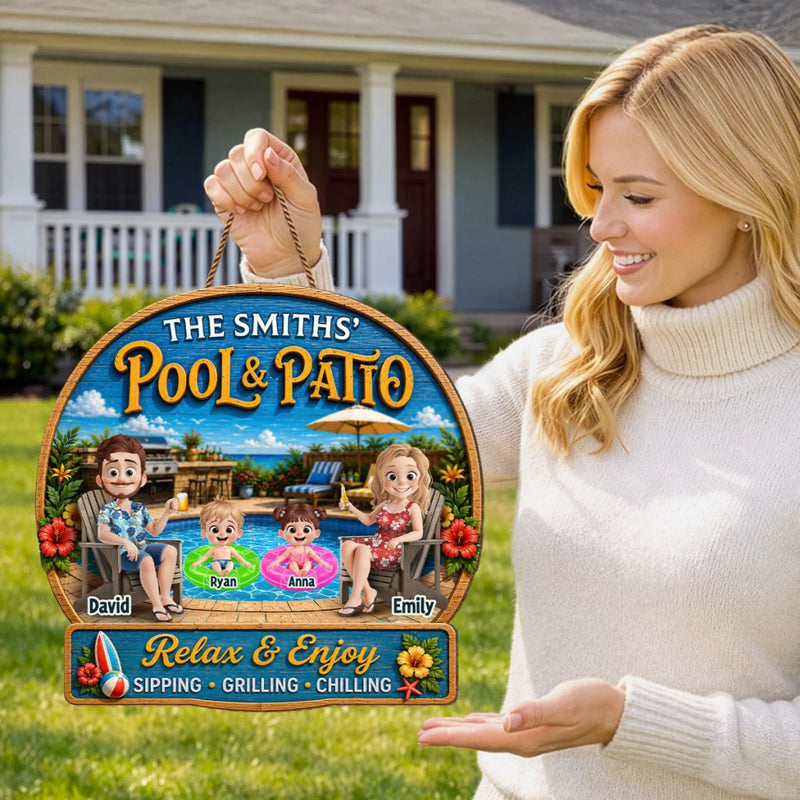 Custom Poolside Wood Sign - Personalized Summer Vacation And Travel Gifts For Mom, Dad, Kids - Pool Time Together