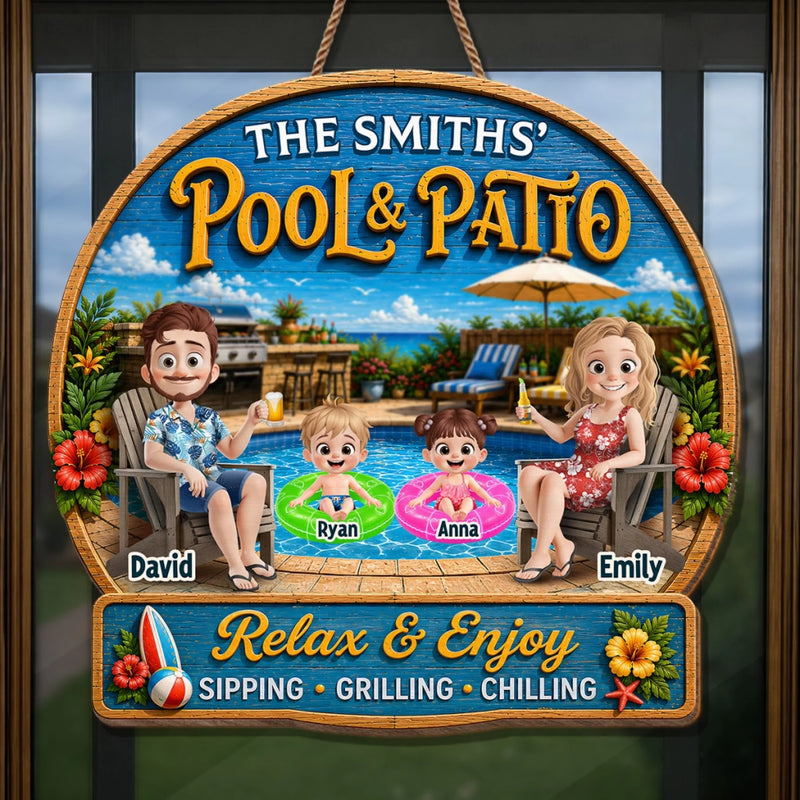 Custom Poolside Wood Sign - Personalized Summer Vacation And Travel Gifts For Mom, Dad, Kids - Pool Time Together