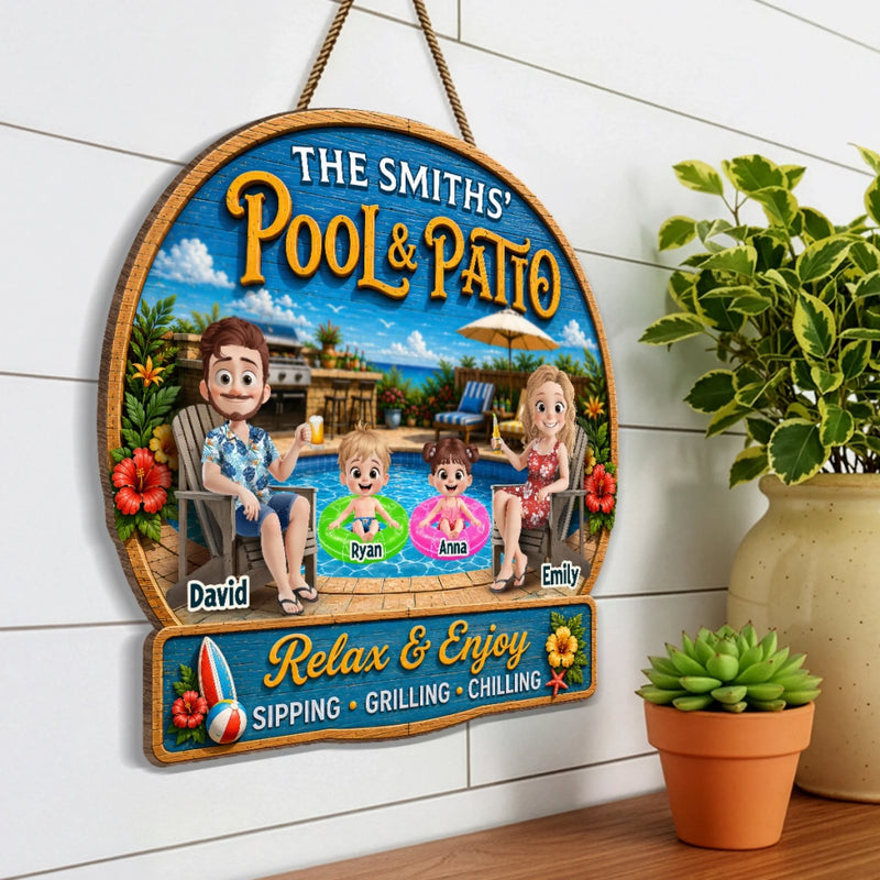 Custom Poolside Wood Sign - Personalized Summer Vacation And Travel Gifts For Mom, Dad, Kids - Pool Time Together