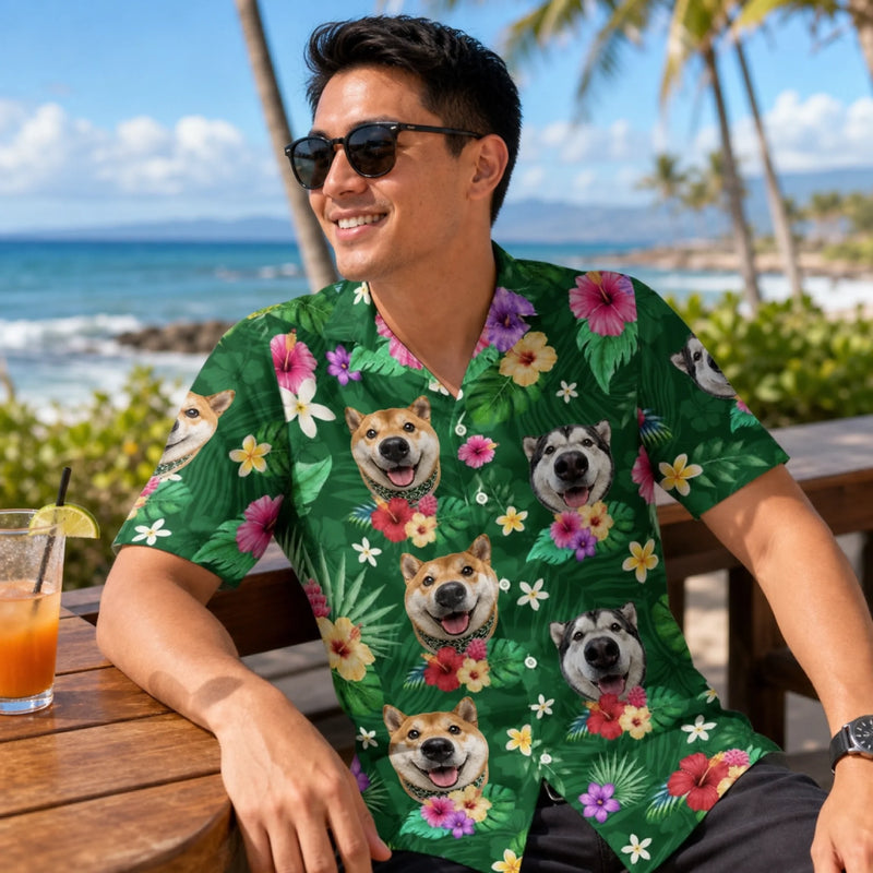 Custom Photo Unisex Tropical Hawaiian Aloha Shirt - Personalized Summer Vacation And Travel Gifts For Dog Cat Lovers, Dog Dad And Mom, Cat Owners - Sun Sand And Paws