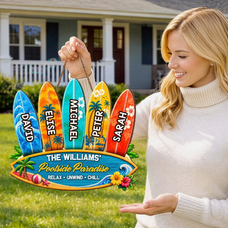Custom Poolside Wood Sign - Personalized Summer Vacation And Travel Gifts For Mom, Dad, Brother, Sister, Kids - Our Paradise
