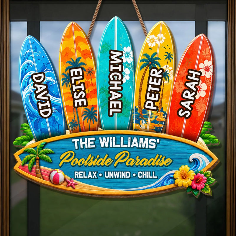 Custom Poolside Wood Sign - Personalized Summer Vacation And Travel Gifts For Mom, Dad, Brother, Sister, Kids - Our Paradise
