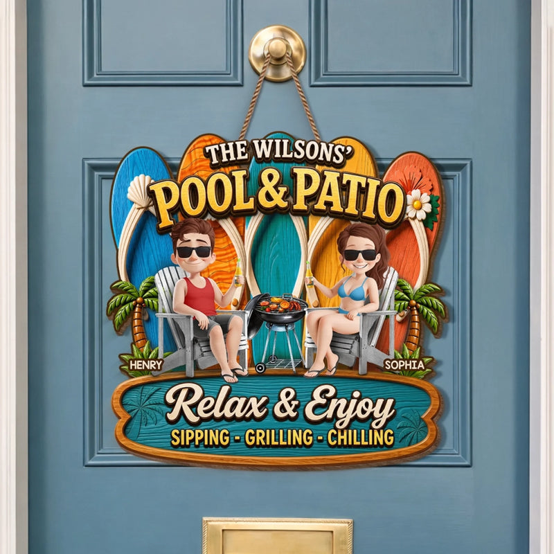 Custom Poolside Wood Sign - Personalized Summer Vacation And Travel Gifts For Husband And Wife, Him And Her - Partners In Prime Poolside Laziness