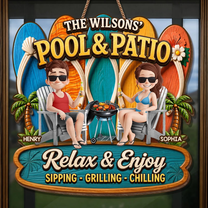 Custom Poolside Wood Sign - Personalized Summer Vacation And Travel Gifts For Husband And Wife, Him And Her - Partners In Prime Poolside Laziness