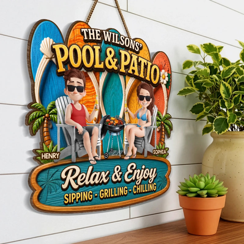 Custom Poolside Wood Sign - Personalized Summer Vacation And Travel Gifts For Husband And Wife, Him And Her - Partners In Prime Poolside Laziness