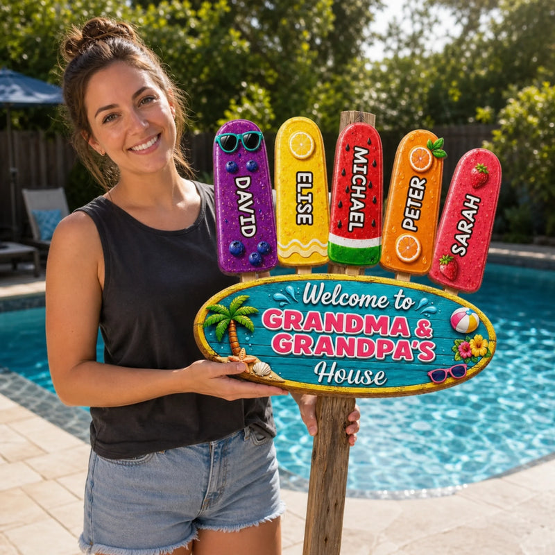 Custom Poolside Wood Sign - Personalized Summer Vacation And Travel Gifts For Grandma, Grandpa - Family Fun Starts Here