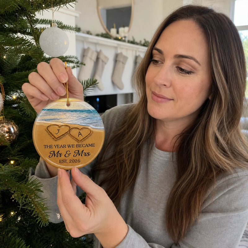 Custom Ceramic Ornament - Personalized Anniversary Christmas Wedding Gifts For Husband And Wife, Him And Her - Our Happily Ever After, Set In Sand