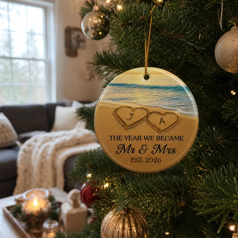 Custom Ceramic Ornament - Personalized Anniversary Christmas Wedding Gifts For Husband And Wife, Him And Her - Our Happily Ever After, Set In Sand