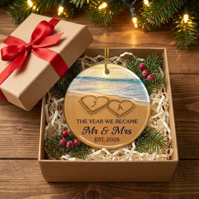 Custom Ceramic Ornament - Personalized Anniversary Christmas Wedding Gifts For Husband And Wife, Him And Her - Our Happily Ever After, Set In Sand