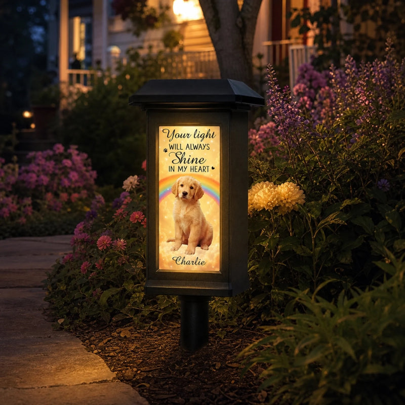 Custom Photo Solar Garden Light - Personalized Pet Memorial Sympathy Gifts For Dogs, Cats - Always Chasing Rainbows