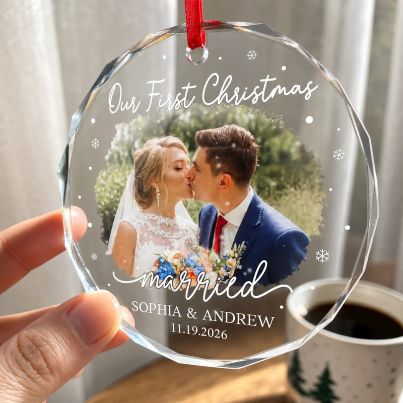 Custom Photo Our First Christmas As Mr & Mrs - Couple Personalized Custom Circle Glass Ornament - Christmas Gift For Husband Wife, Anniversary, First Christmas