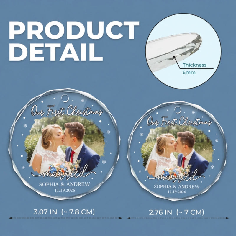Custom Photo Our First Christmas As Mr & Mrs - Couple Personalized Custom Circle Glass Ornament - Christmas Gift For Husband Wife, Anniversary, First Christmas
