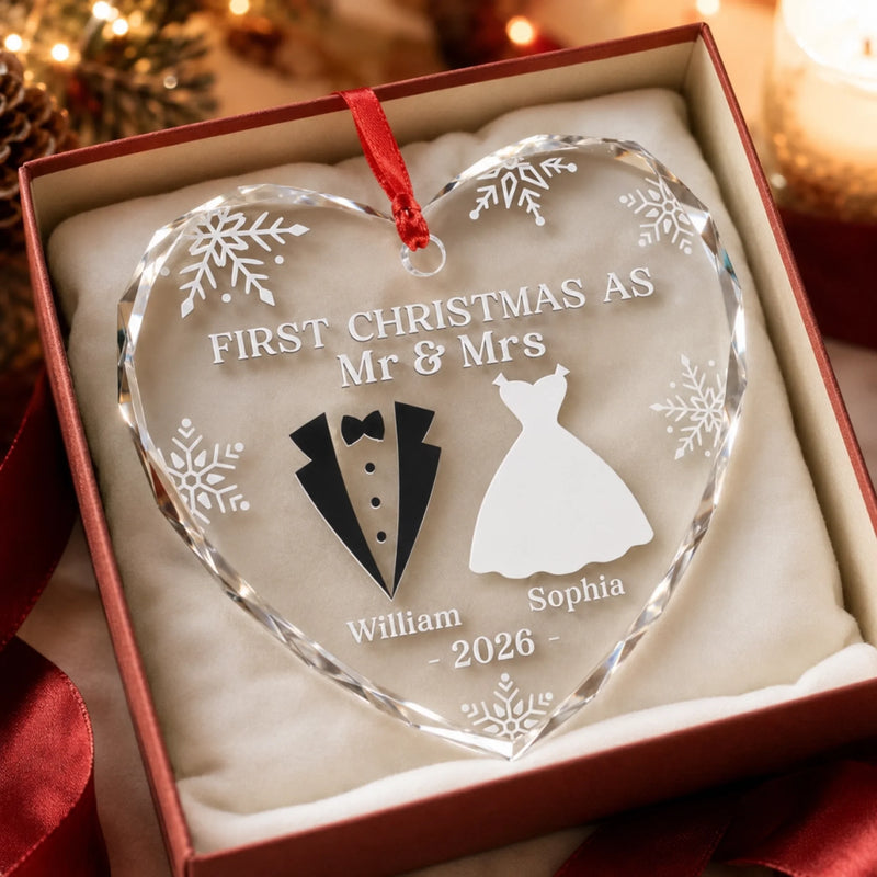 Custom Heart Glass Ornament - Personalized Anniversary Christmas Wedding Gifts For Husband And Wife, Him And Her - Our First Christmas As Husband And Wife