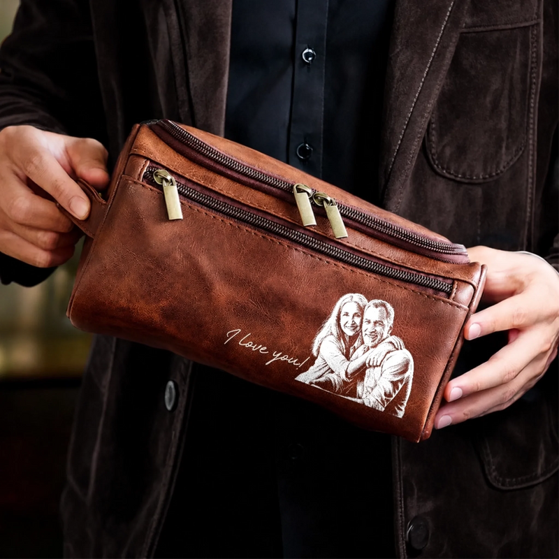 Custom Photo Leather Toiletry Bag - Personalized Anniversary Wedding Gifts For Husband And Wife, Him And Her - Wherever We Go, Love Follows