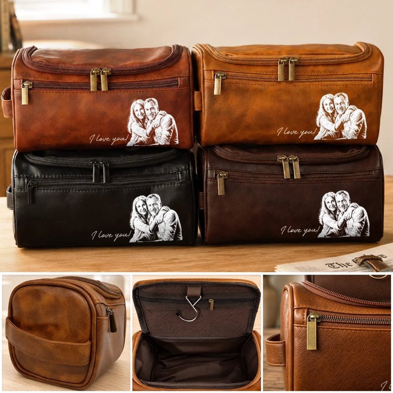 Custom Photo Leather Toiletry Bag - Personalized Anniversary Wedding Gifts For Husband And Wife, Him And Her - Wherever We Go, Love Follows