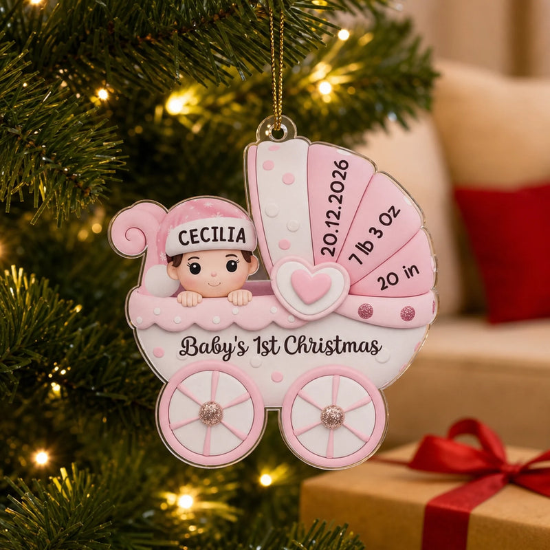 Custom Acrylic Ornament - Personalized Christmas Baby Shower, Gender Reveal Gifts For New Moms, New Dads, New Parents - Baby’s First Christmas Joyride