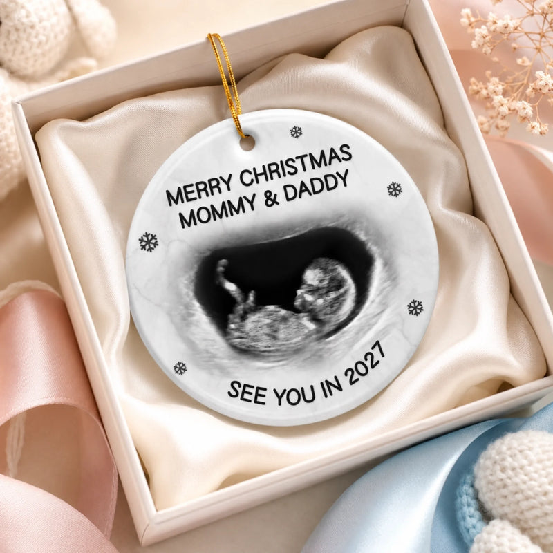 Custom Photo Ceramic Ornament - Personalized Christmas Baby Shower, Gender Reveal Gifts For New Moms, New Dads, New Parents - A Little Elf Arriving Soon
