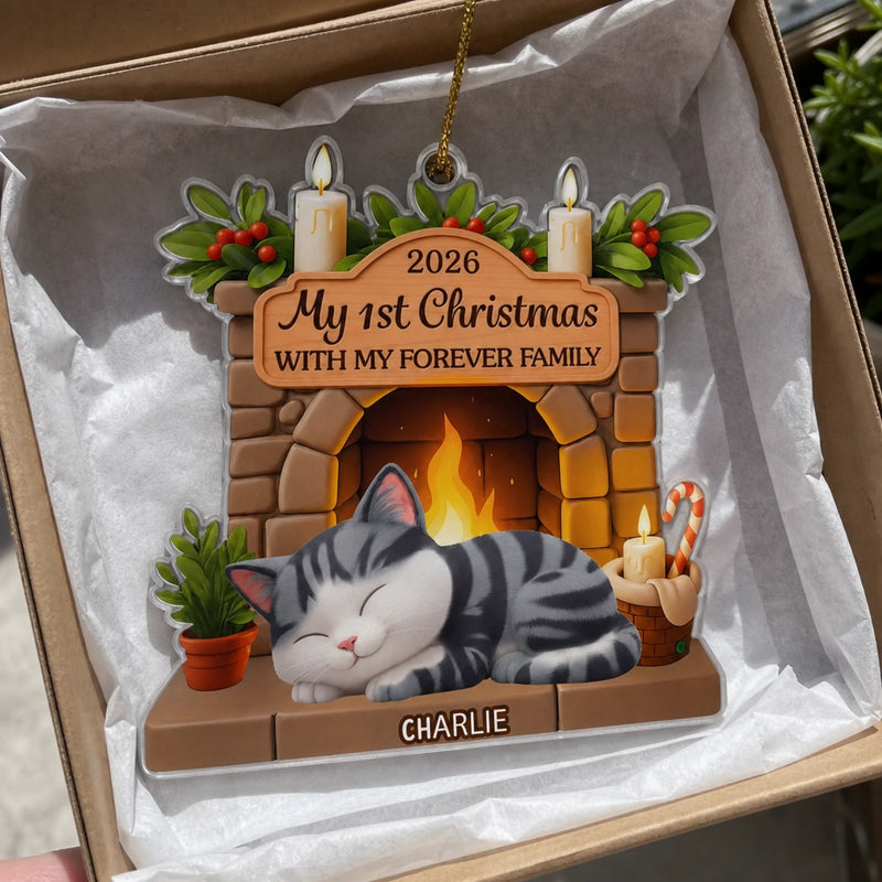 Custom First Christmas Acrylic Ornament - Personalized Christmas Birthday Gifts For Cat Lovers, Cat Mom And Dad - With My Forever Family