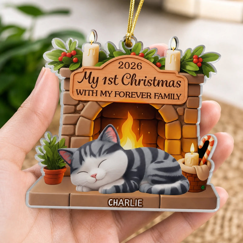 Custom First Christmas Acrylic Ornament - Personalized Christmas Birthday Gifts For Cat Lovers, Cat Mom And Dad - With My Forever Family