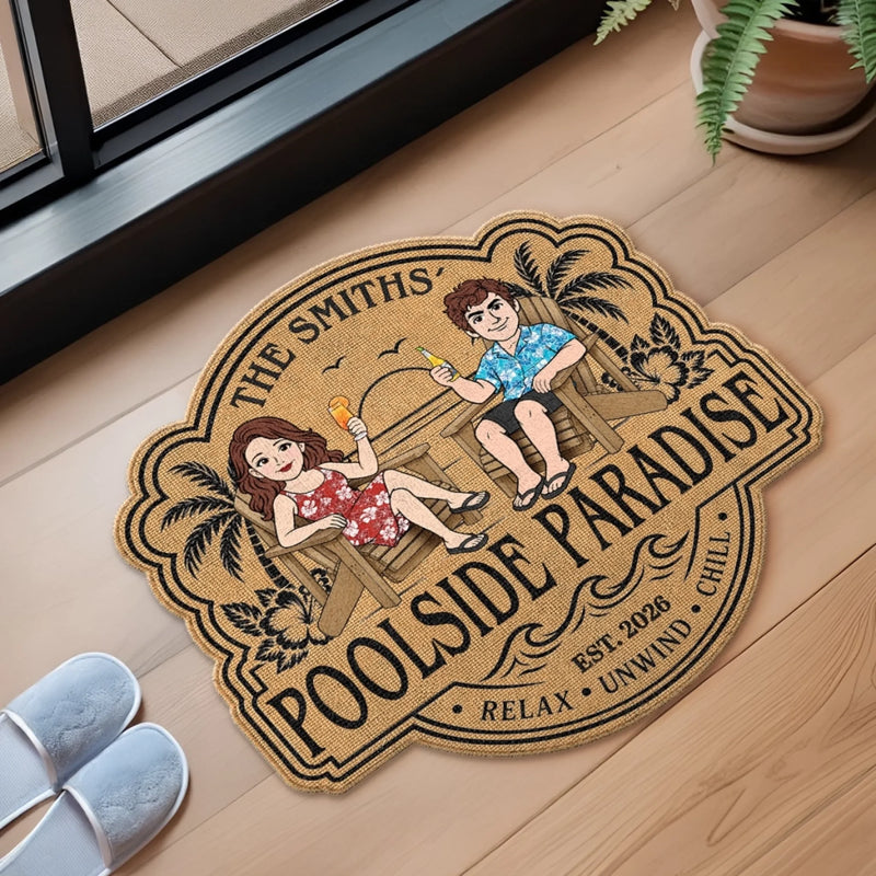 Custom Poolside Shaped Doormat - Personalized Summer Vacation And Travel Gifts For Husband And Wife, Him And Her - Chasing Pool Days Together