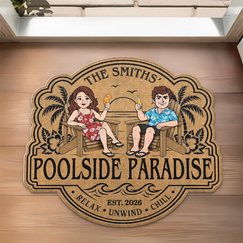 Custom Poolside Shaped Doormat - Personalized Summer Vacation And Travel Gifts For Husband And Wife, Him And Her - Chasing Pool Days Together