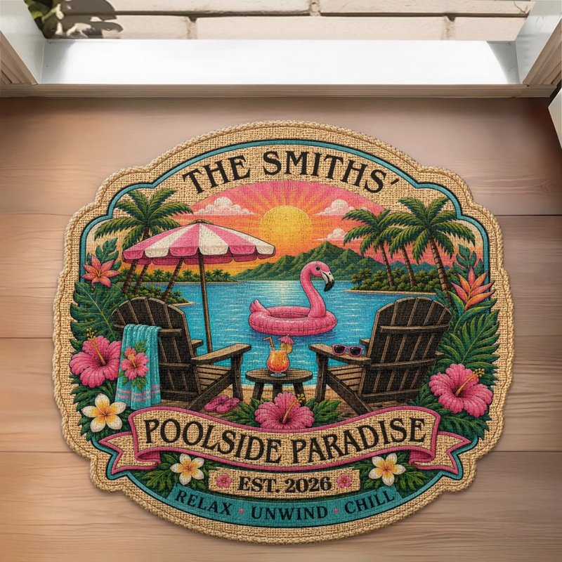 Custom Poolside Shaped Doormat - Personalized Summer Vacation And Travel Gifts For Mom, Dad, Brother, Sister - Our Poolside Escape
