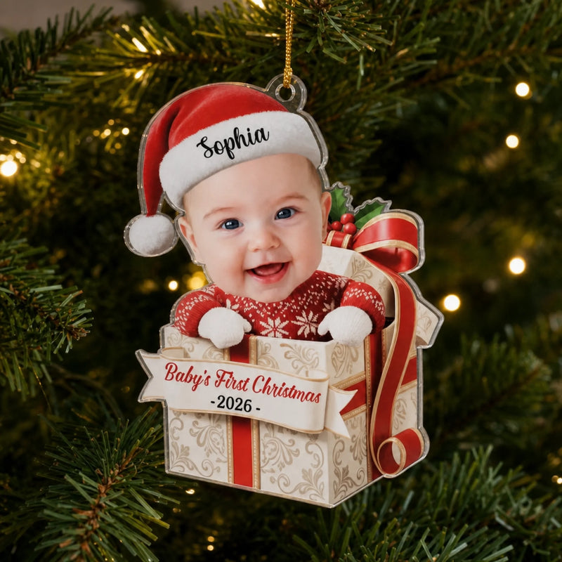 Custom Photo First Christmas Acrylic Ornament - Personalized Christmas Baby Shower, Gender Reveal Gifts For New Moms, New Dads, New Parents - Little Feet Big Blessing
