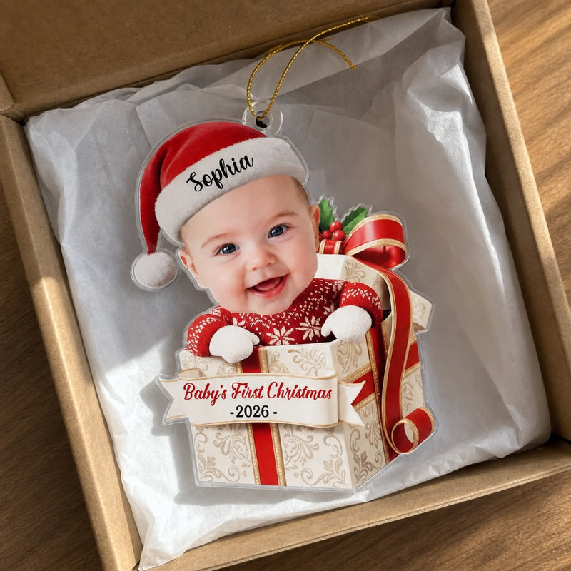 Custom Photo First Christmas Acrylic Ornament - Personalized Christmas Baby Shower, Gender Reveal Gifts For New Moms, New Dads, New Parents - Little Feet Big Blessing
