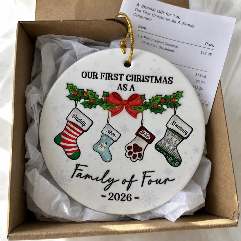 Our First Christmas As A Family Is A Beautiful Beginning - Family Personalized Custom 3D Inflated Effect Printed Ornament - Ceramic Round Shaped - Christmas Gift For Family Members
