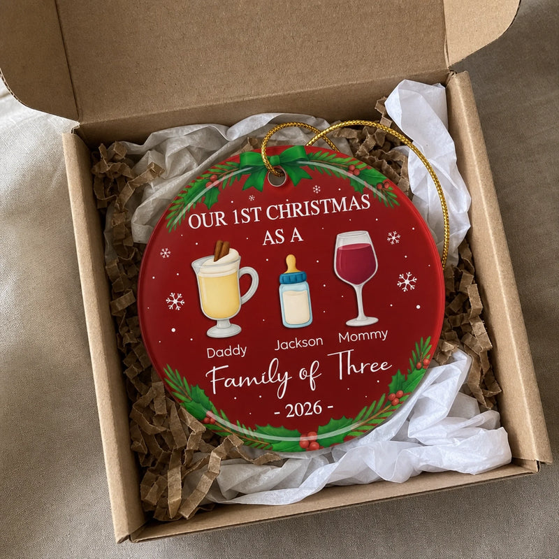 Custom Ceramic Ornament - Personalized Christmas Birthday Gifts For Mom, Dad, Kids - Our First Christmas As A Family