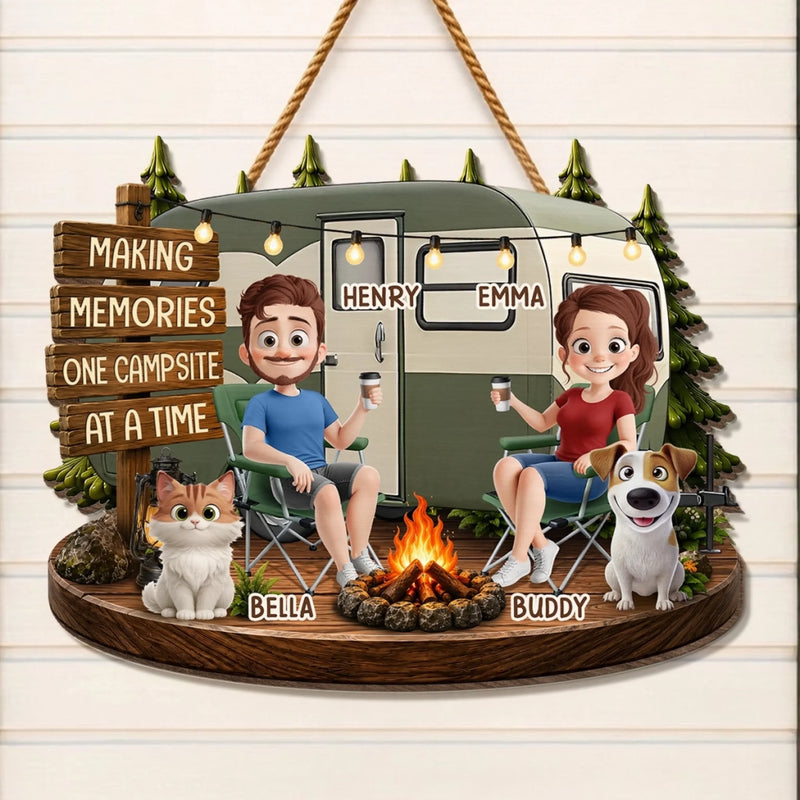Custom Wood Sign - Personalized Birthday Camping Gifts For Campers, Husband And Wife, Dog Cat Lovers - Happy Campers And Furry Friends