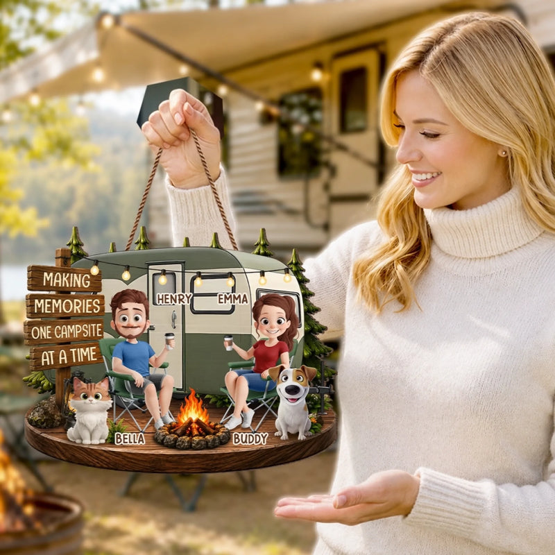 Custom Wood Sign - Personalized Birthday Camping Gifts For Campers, Husband And Wife, Dog Cat Lovers - Happy Campers And Furry Friends