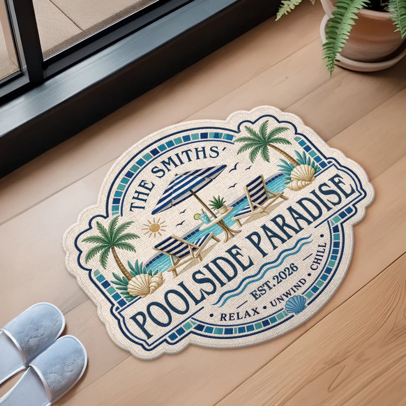Custom Poolside Shaped Doormat - Personalized Summer Vacation And Travel Gifts For Mom, Dad, Brother, Sister - Welcome To Paradise
