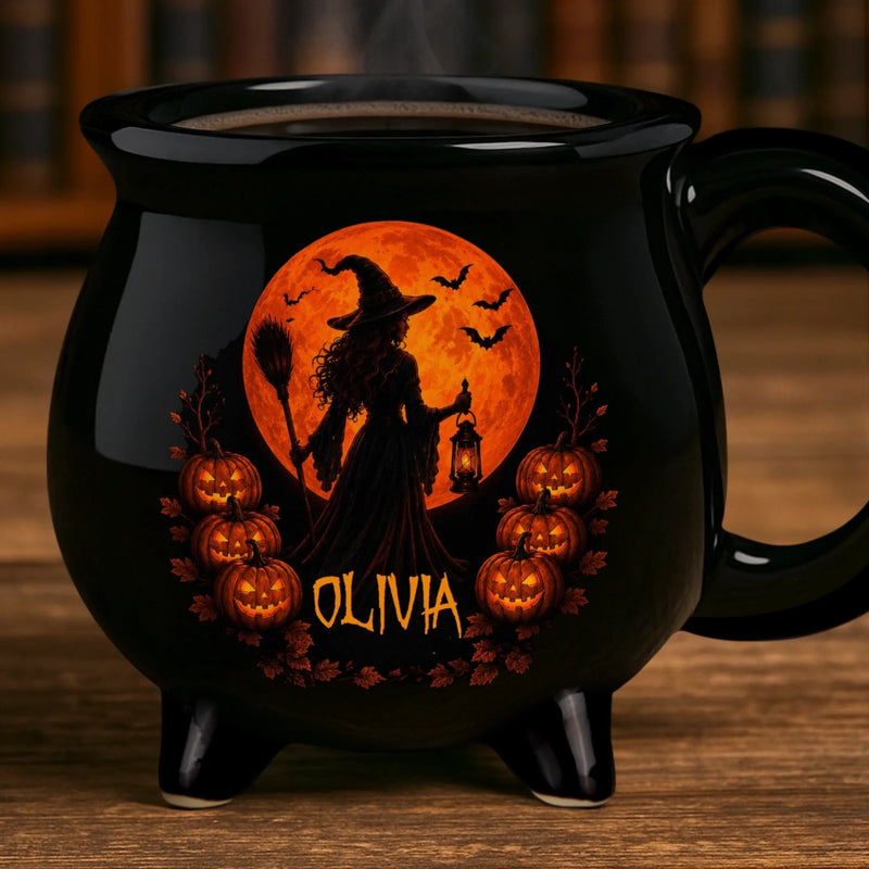 Custom 12oz Ceramic Cauldron Coffee Mug - Personalized Halloween Witchy Gifts For Wife, Daughter, Besties, Sisters, Granddaughter, Grandma, Mom, Yourself - Spells & Smiles