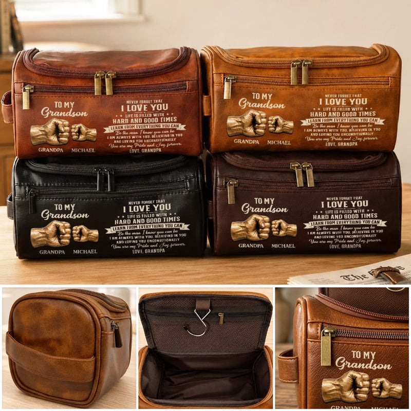 Custom Leather Toiletry Bag - Personalized Birthday Gifts For Grandson - Never Forget That I Love You