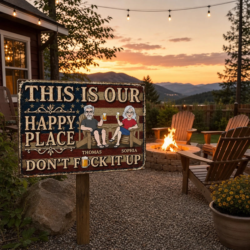 Custom Home Decor Metal Sign - Personalized Summer Vacation And Travel Gifts For Husband And Wife, Him And Her - Our Patriotic Happy Place