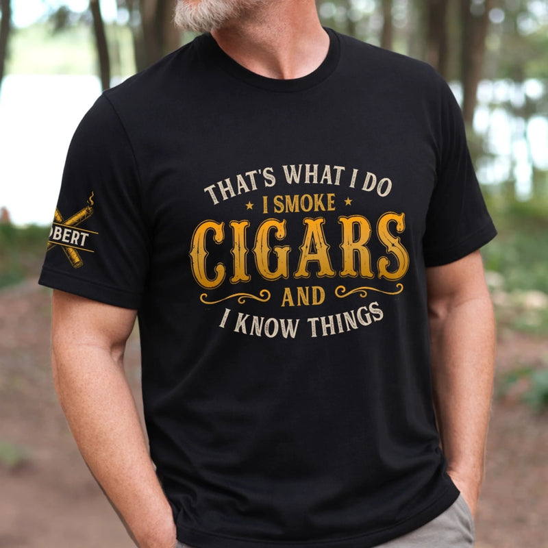 Custom Cigar Unisex T-Shirt With Design On Sleeve - Personalized Birthday Gifts For Husband, Son, Grandson, Brother, Grandpa, Dad, Yourself - Smoke And Unwind