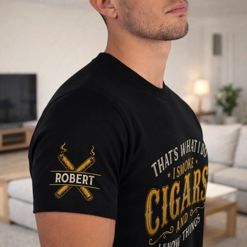 Custom Cigar Unisex T-Shirt With Design On Sleeve - Personalized Birthday Gifts For Husband, Son, Grandson, Brother, Grandpa, Dad, Yourself - Smoke And Unwind