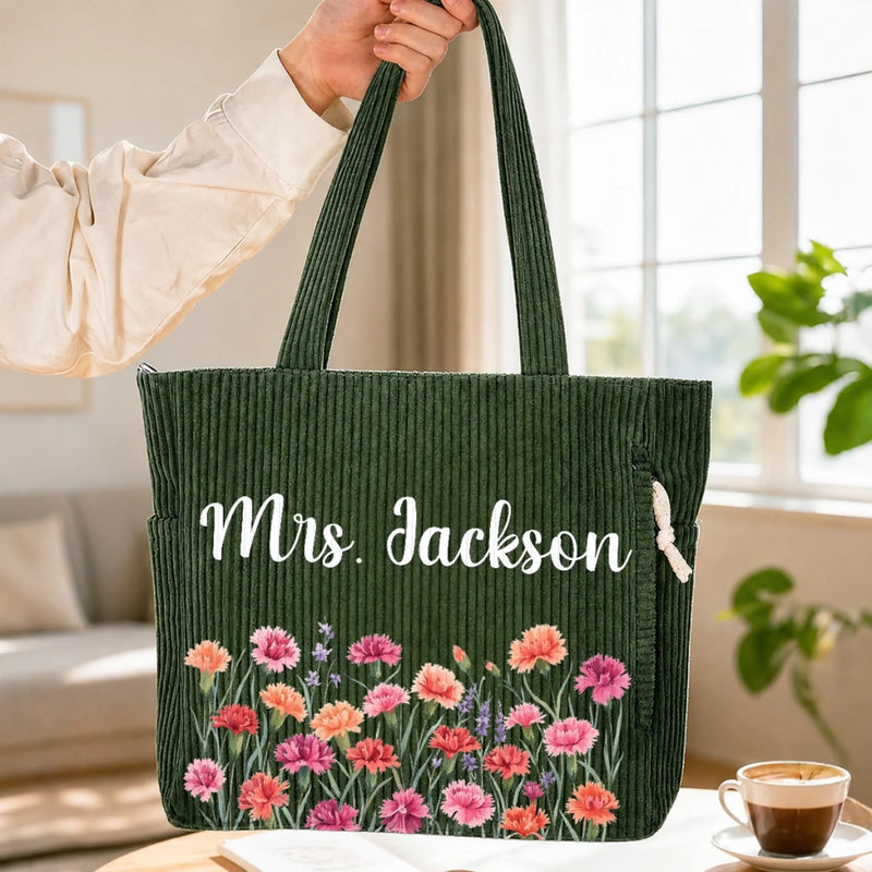 Custom Corduroy Tote Bag - Personalized Teacher Appreciation, Back To School Gifts For Teachers - Beautiful Growth In Every Lesson