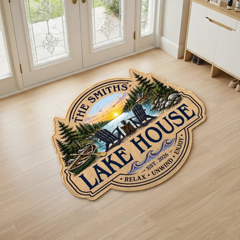Custom Lake House Shaped Doormat - Personalized Summer Vacation And Travel Gifts For Mom, Dad, Brother, Sister - Home By The Lake
