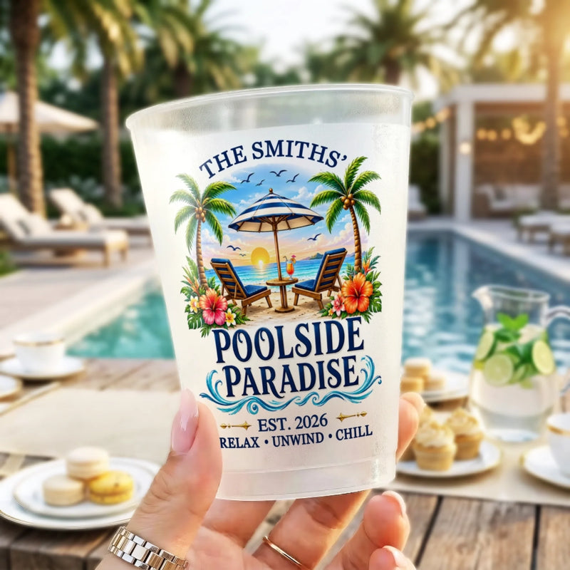 Custom Poolside Party Cups - Personalized Summer Vacation And Travel Gifts For Mom, Dad, Brother, Sister - Beachside Paradise