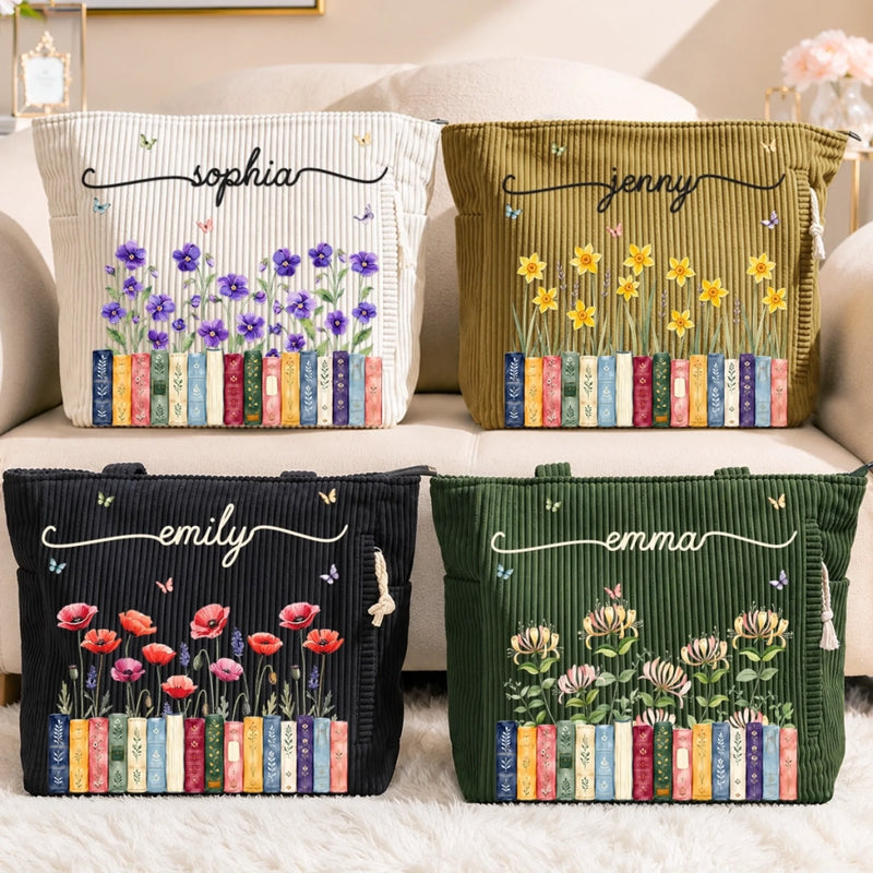 Custom Corduroy Tote Bag - Personalized Bookish Gifts For Book Lovers, Bookworms, Readers - Stories In Full Bloom