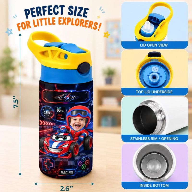 Custom Photo Kids Insulated Water Bottle - Personalized Back To School Gifts For Kids - Tiny Driver Big Dreams