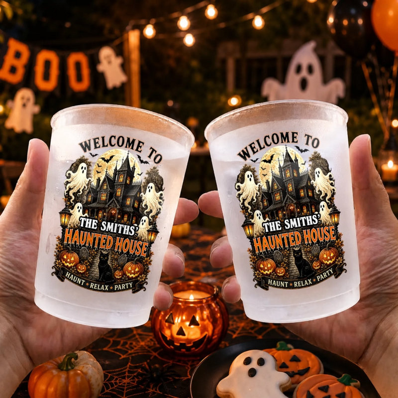 Custom Haunted House Party Cups - Personalized Halloween Gifts For Mom, Dad, Brother, Sister - Black Cat Spooky House