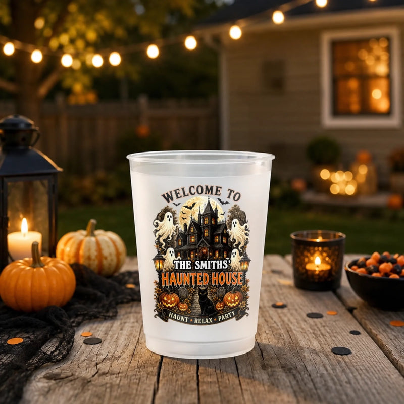 Custom Haunted House Party Cups - Personalized Halloween Gifts For Mom, Dad, Brother, Sister - Black Cat Spooky House