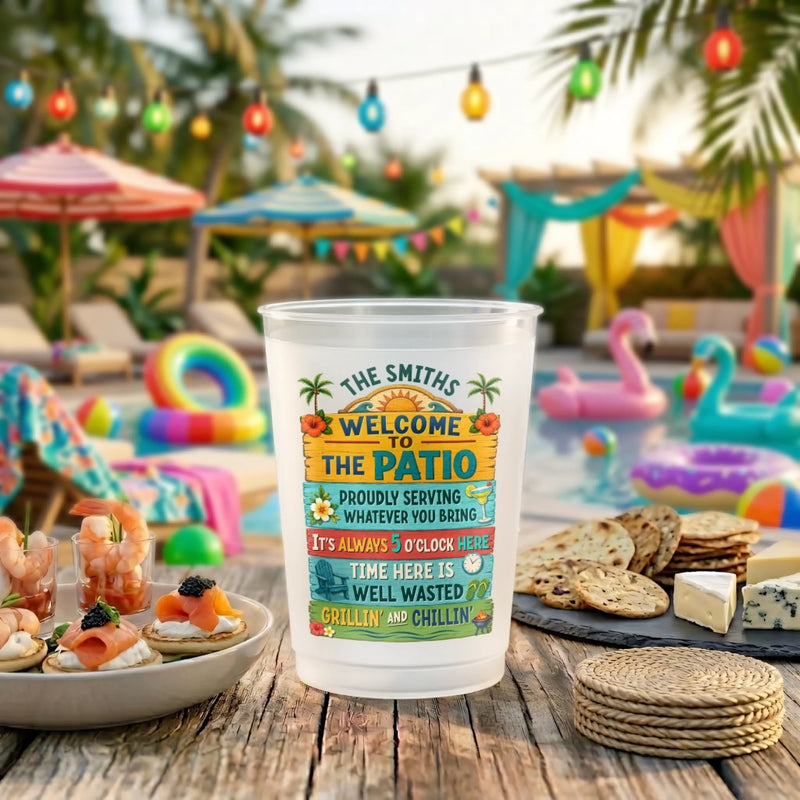 Custom Patio Party Cups - Personalized Summer Vacation And Travel Gifts For Mom, Dad, Brother, Sister - Gather Laugh Repeat