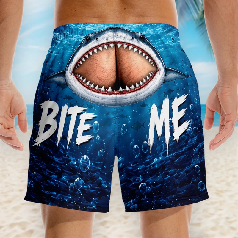 Custom Funny Men Swim Trunks - Personalized Birthday Gifts For Husband, Son, Grandson, Brother, Grandpa, Dad, Yourself - Cheeky Shark Attack
