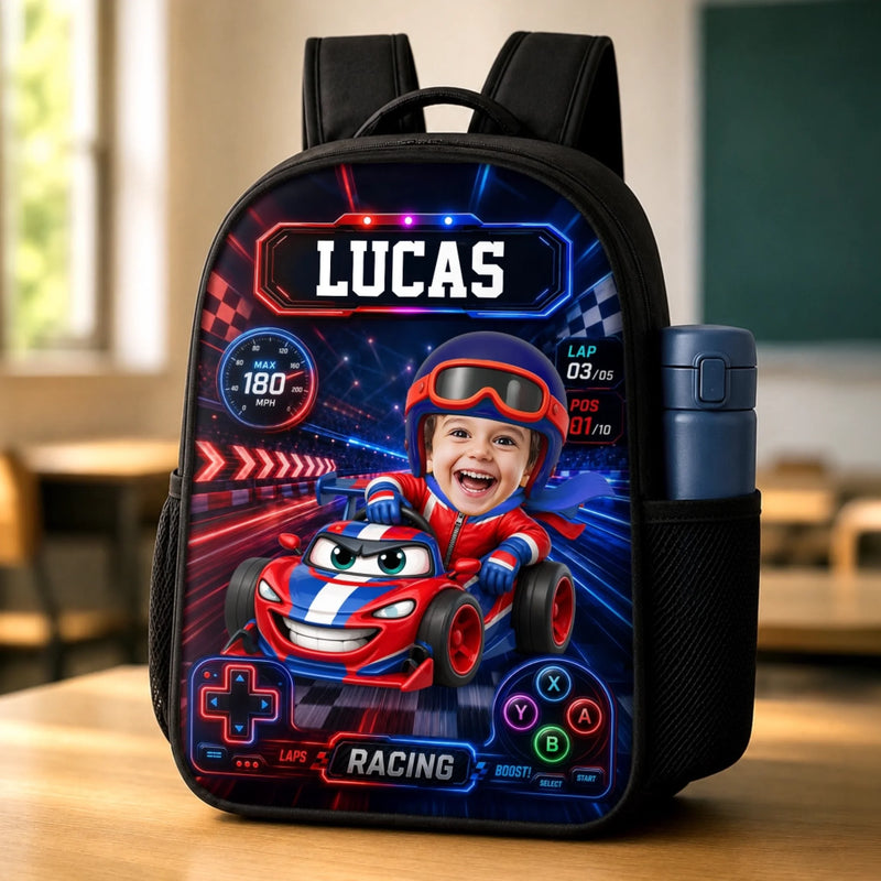 Custom Photo Kids Backpack & Water Bottle Set - Personalized Back To School Gifts For Kids - Fast Lane Ahead